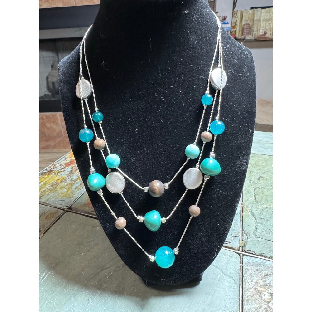 Teal & Silver Multi Strand Beaded Necklace | Layered Boho Statement